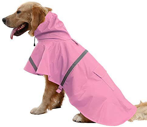 NACOCO Large Dog Raincoat Adjustable Pet Water Proof Clothes Lightweight Rain Jacket Poncho Hoodies with Strip Reflective (XL, Pink)