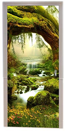 A.Monamour Türtapeten Selbstklebend 3D Mysteriöse Grüner Dschungel Bäume Ströme Regenwald Sommer Natur Landschaftskunst Dekor Türtapete Türposter Tapete 77x200cm
