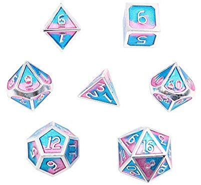 DollaTek 7PCS DND Spiel Polyedrisches D & D-Würfel-Set aus massivem Metall mit Aufbewahrungstasche und Zinklegierung mit Emaille für Rollenspiel-Dungeons und Drachen (Double Color Mix Blau und Pink)