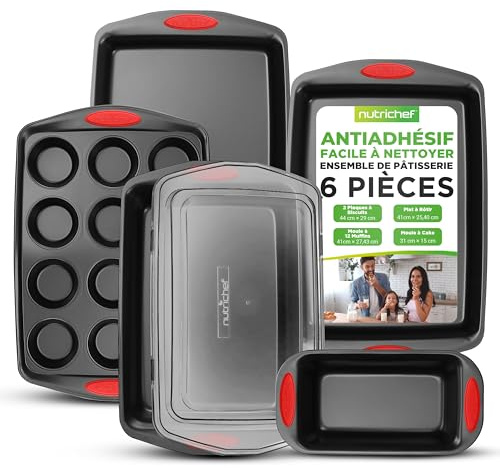 NutriChef Nonstick Bakeware Set with Red Silicone Handles, 6-Piece Carbon Steel Cookie Sheet Tray, PFOA PFOS PTFE Free Non Toxic Kitchenware for Baking Cakes Cookies Bread and Apartment Essentials