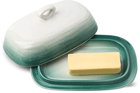 HASENSE Butter Dish with Lid, Ceramic Butter Dish with Cover for Countertop, Porcelain Butter Keeper Holder with Handle Design for East West Coast Butter, Butter Tray with Lid for Fridge, Green