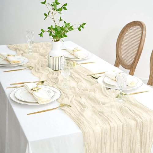 Tischläufer Beige, 90 x 400 cm Gaze-Tischläufer, Lang Romantisch Halbdurchsichtiger Stoff, Tischdecke Beige für Babyparty Tischdekoration, Geburtstagsparty, Hochzeit Tischdekorationen