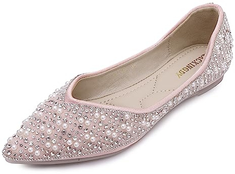 QXCXINGDY - Scarpe basse da donna con strass, punta affusolata, perla diamante, tacco basso, scarpe basse da cerimonia, da lavoro, da ballo, Rosa, 36 EU