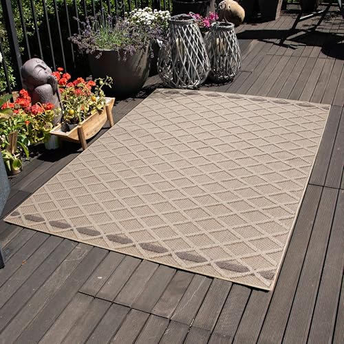 Carpettex Outdoor Teppich Wetterfest 240 x 340 cm Sisaloptik Beige - Ideal für Balkon, Garten, Terrasse, Camping und als Küchenteppich - Waschbarer Teppich, Rauten Design, Flachgewebe