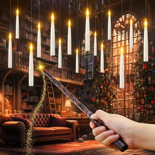 PChero 12er Set Schwebende Kerzen mit Zauberstab, 15,5 cm Elektrische LED Fliegende Kerzen mit Fernbedienung und Timerfunktion Flackernde Stabkerzen für Halloween Party Deko Weihnachten