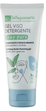 La Saponaria | Deep Pure, Gel Detergente Viso 100 ml, purificante e riequilibrante con Acido Succinico e Tè Verde, ideale per una detersione profonda per una pelle fresca, uniforme e luminosa