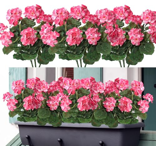 Weldomcor Set med sex blomknippen med konstgjorda sidenblommor, UV-beständig konstgjord pelargon för inomhus- och utomhusbruk, hängande trädgård, veranda, fönster, låda, rosa
