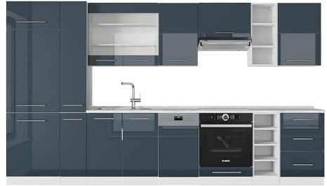 Vicco Küchenzeile Fame-Line, Dunkelblau Hochglanz, 355 cm ohne Arbeitsplatte, geeignet zur individuellen Erweiterung mit Zusatzmodulen