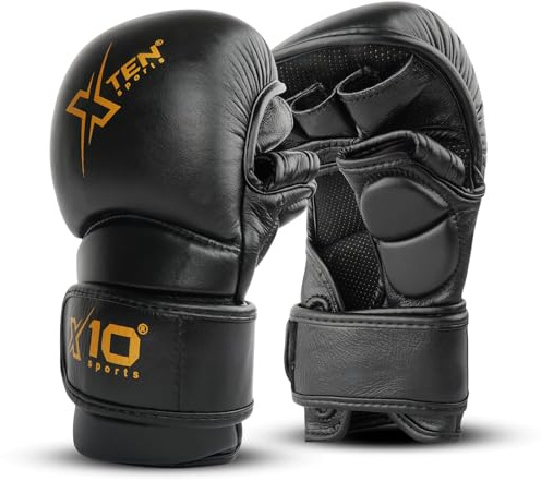 MMA Gloves Real Leather, Sparring Grappling, Open Palm Martial Arts Mitts Men Women, Adjustable Wrist Support, Cage Fighting Combat Sports Boxing Training, Muay Thai, Kickboxing (BLACK/GOLD, S/M)