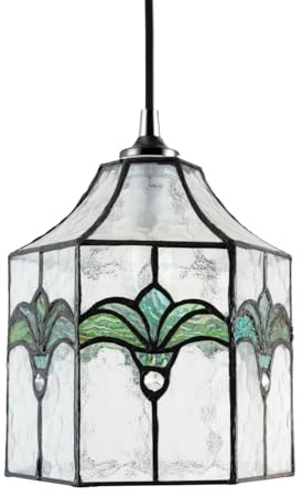 Classic Lantern Tiffany Pendant Light Shade with Clear Water Glass Panels and Emerald Green Floral Accents | 21cm x 19cm by Happy Homewares