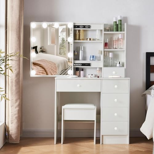 Buildonely Sminkbord med LED-belysning och spegel för make-up, 3 färgtemperaturer och justerbar ljusstyrka, toalettbord med 1 pall, modernt, vitt, S31411217