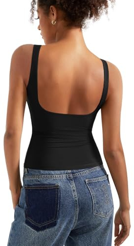 SUUKSESS Women Built in Bra Open Back Boat Neck Tank Tops Double Lined Backless Y2K Going Out Top Basic Shirt (Black,S)