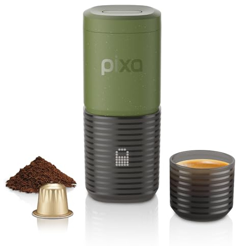 Pixapresso (olivgrön) | Touch-kontroll, 4 kaffelägen, snabb uppvärmning, 3 x 3 000 mAh batteri, 8–16 g, malet kaffe och NS-kapslar