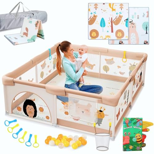 BELLEBEBE - Parque Infantil Bebe - 120x180cm - Corralito bebe con Alfombra Acolchada Plegable + 50 Bolas + Canasta de Juego + Libro Bebe Sensorial de Tela y 6 Agarraderas - Diseño animales del bosque