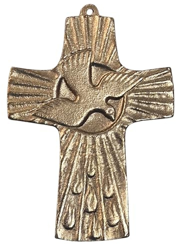 Herzmensch Kleines Bronzekreuz gold Taube 7 x 9 cm als Firmkreuz, Kommunionkreuz, Taufkreuz zum Aufhängen für Mädchen und Jungen von Ch. Fischbach