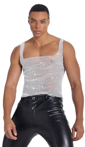 OhMill Canotta a Rete con Strass da Uomo Gilet Trasparente Pieno di Strass T-Shirt Sexy Slim Senza Maniche Uomini per Festa Notte Club Mardi Grasso Top, bianco, XL