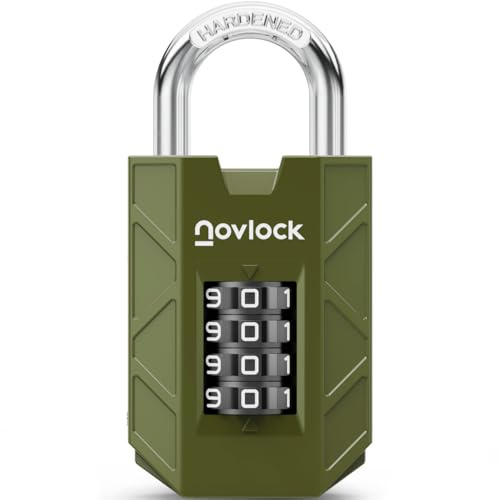 NOVLOCK Candado de combinación de 4 dígitos – resistente y seguro – arco de acero templado de 7 mm – para taquillas, armarios, portones, vallas y cobertizos – 1 unidad, verde