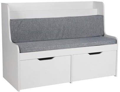 Banc pour Enfants Relaxdays avec Rangement, H x L x P : 70 x 100 x 45 cm, 2 tiroirs, étagère, Coussin, Blanc/Gris