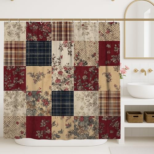 Patchwork Shower Curtain, Burgundy Beige Floral Checkered Bathroom Decor, Cozy Autumn Vintage Waterproof Fabric Shower Curtain with Hooks 72x72 Inch