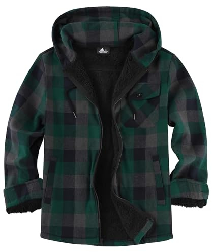 JACKETOWN Chaqueta Leñador Hombre Camisera Forrada para Hombre Capucha a Cuadros de Franela Cremallera Sherpa Trekking Invierno Camisa Franela Actividades al Aire Libre(Gris Verdoso XL)