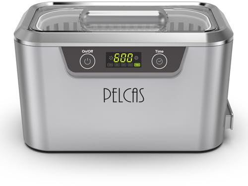 PELCAS Ultrasonic Cleaner with Dual Transducers,Jewellery Cleaner 800ML 42KHz with Touch Screen and 5 Time Settings for Glasses Watches Jewellery Denture Tools Guin-Ness Surger Cans -Silver