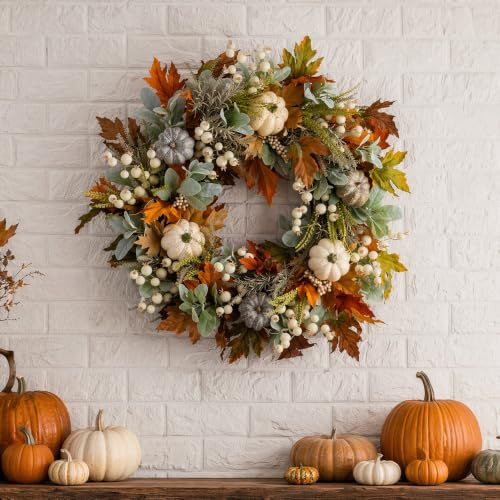 Autumn Wreath for Front Door, 40cm Autumn Wreath with Maple Leaf, Pumpkins and Berries, White Artificial Pumpkins Wreath, Fall Wreath for Front Door Thanksgiving Halloween Autumn Decoration Home Decor