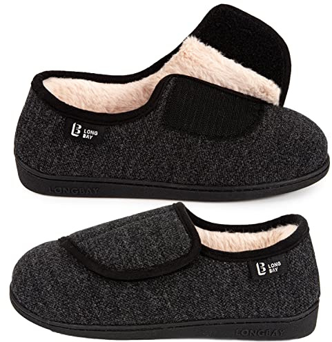 LongBay Diabetic Slippers Woman Comfy Cozy Furry Memory Foam House Shoes for Arthritis Edema (8 B(M), Black)