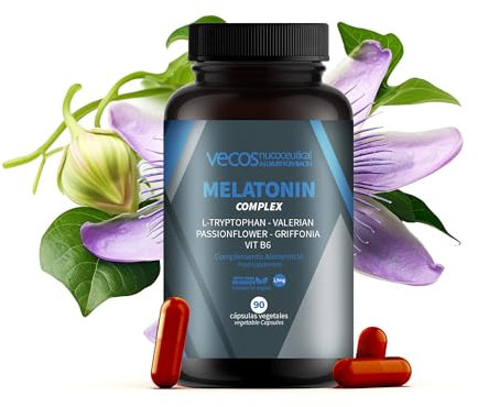 Melatonina 1,9 mg Vecos para ayudar a conciliar el sueño | Suplemento con L-Triptófano, Valeriana, Pasiflora, Griffonia y Vitamina B6 | 90 cápsulas vegetales | 100% Apto veganos
