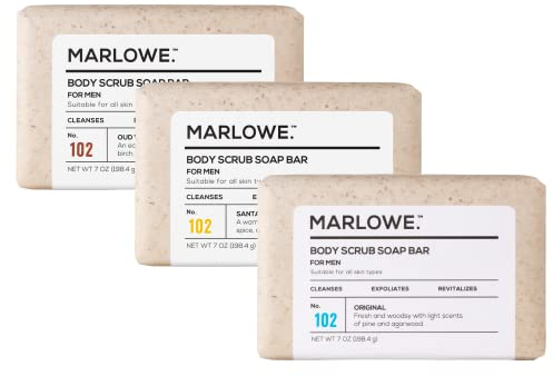 MARLOWE. No. 102 Men's Body Scrub Soap 7oz (Variety Trio) Best Exfoliating Body Soap Bars for Men, Made with Natural Ingredients, Green Tea Extract, Features 3 Amazing Scents