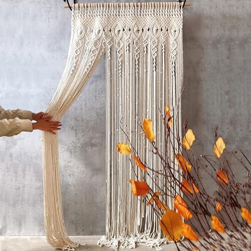 Wall Hanging Decor Macrame Tapestry: 90x180cm Boho Door Curtain Handmade Woven Cotton Yarn Rope Bohemian Doorway Decorations for Bedroom Window Living Room Home Wedding Backdrop Decors
