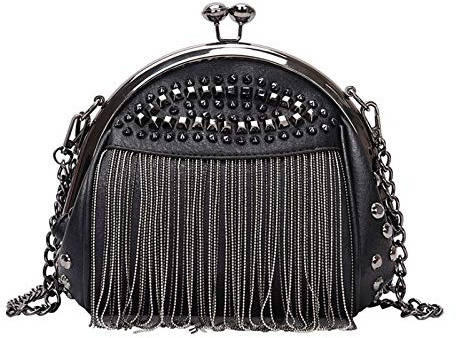 MEGAUK Mini sac à main à chaîne à franges Sac à bandoulière élégant Sac à chaîne Punk Clutch Bag Sac de soirée avec bandoulière en métal, 05934 noir, One size
