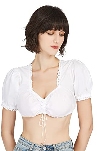 Oktoberfest Blouse Women's Dirndl Dress Crop Top, Lace Germen Bavarian Traditional Costume (Classic White, L)