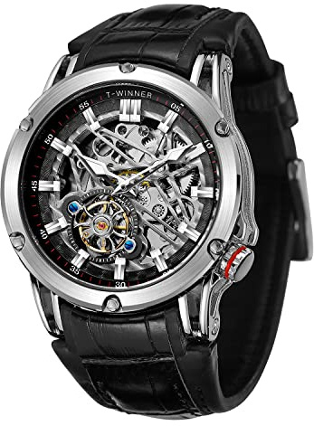 FORSINING Waterproof Automatic Men Big Face Watch Powerful Exotic Tourbillion Skeleton Watch (Black and Silver)
