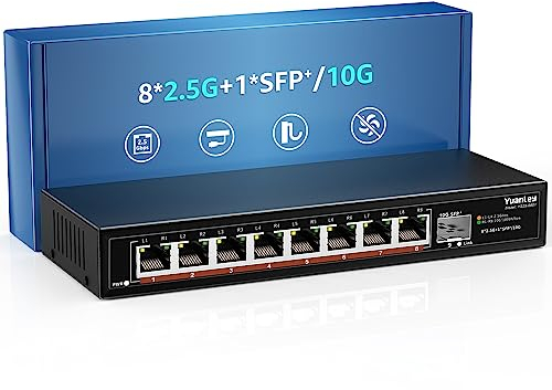 8 Port 2.5G Unmanaged Desktop Ethernet Switch mit 10G SFP, 8 x 2.5G Port, 60Gbps Switching Kapazität, Kompatibel mit 100/1000/2500Mbps, Metall Lüfterlos YuanLey 2.5Gbe Netzwerk Switch Wandmontage