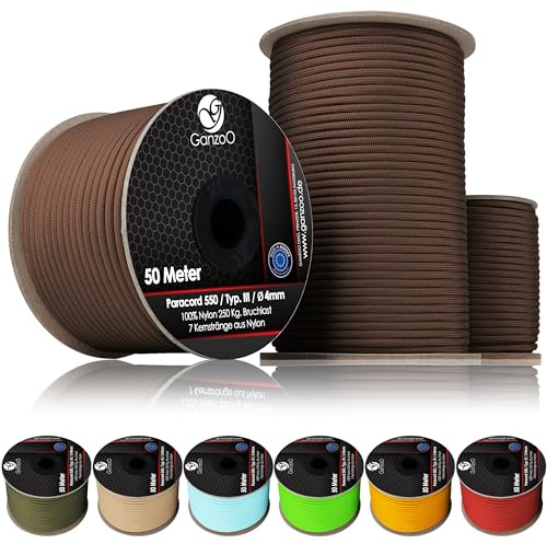 Ganzoo Paracord 550 Cuerda Multiuso 100% Nylon, 4 mm, 30 m en Rollo, Tipo 3 con 7 Hilos internos y Funda Trenzada 32 hebras, Color Chocolate, para Nudos, Camping, Bricolaje, Collar y Correa de Perro