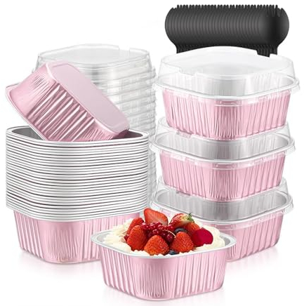 Hniuyun 50 Pack 180ml Mini Loaf Pans with Lids and Spoons, Square Cupcake Liners Brownie Baking Cups, Aluminum Foil Baking Pans for Cake, Bread, Holiday Goods Packaging(Pink)