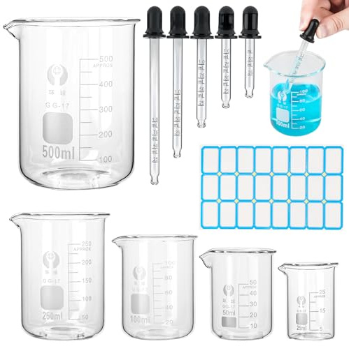 5 stycken glasburkar-set, 25 ml/50 ml/100 ml/250 ml/500 ml mätkopp glas, borosilikatglas med mätskala, bägarglas med graderad droppare och klistermärken för laboratorietillväxt
