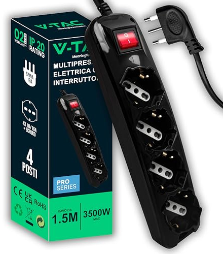 V-TAC Multipresa Elettrica Nera 4 Prese con Interruttore e Cavo da 1,5 Metri - 4 Prese 10/16A Bipasso + Schuko - Spina 16A - Ciabatta Multipresa - Presa Elettrica per Casa, Ufficio - Colore Nero