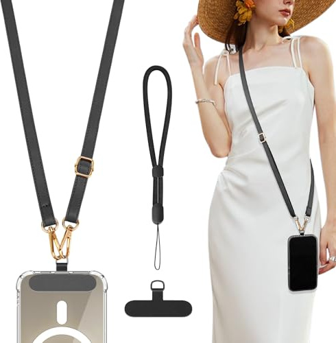 TiMOVO Universal Phone Lanyard, Cell Phone Strap Crossbody with Wrist Strap, Adjustable Leather Lanyard Compatible with Most Smartphones Case, Black