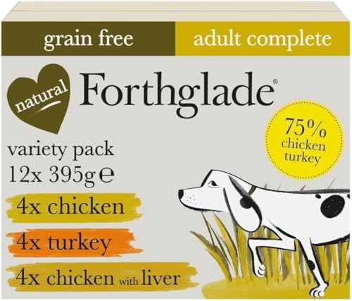 Forthglade Grain Free Wet Dog Food, Variety Pack (12 x 395g Trays) – Hypoallergenic Natural Dog Food for Sensitive Stomach, Adult 1 Year+, Chicken, Chicken with Liver & Turkey with Vegetables