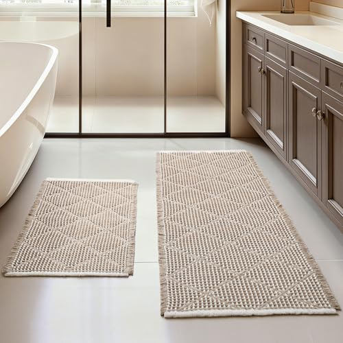 Großes Badezimmerteppich Set 2 Teilig, Boho Badteppich Rutschfest Waschbar, Badematte Braun, Waffel Bathroom Mat, Badvorleger für Badezimmer, Waschküche, Wohnzimmer, Schlafzimmer 51x120cm + 46x77cm