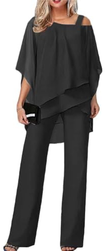 Generisch Traje de Pantalón Para Mujer, Vintage, Juego De 2 Piezas, Traje De Noche Con Tul, Camiseta De Gasa De Dos Piezas, Cintura Alta, Cóctel Festivo, Talla M, Color Negro
