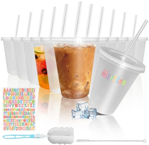 15 Pack 480ml Clear Plastic Cups With Lids and Straws ,16oz Reusable Cold Cup with Sticker and Brush , Kids Leakproof Water Cups for Children's Birthday Party or Boda Coffee Mactha Cocktail Takeaway