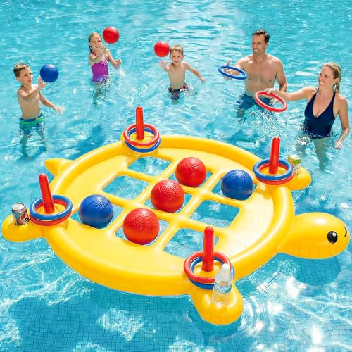 2 in 1 Pool Toys Games Set Inflatable Tic Tac Toe with 10 Balls & 10 Rings for Adults Teens Kids, Giant Floating Tic-Tac-Toe with Cup Holder, Ring Toss, Large Outdoor Yard Carnival Field Day Game