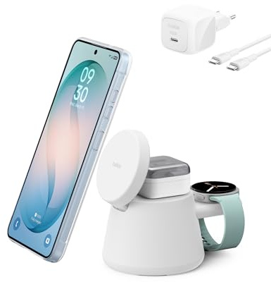 Belkin UltraCharge 3-i-1 Trådlös Laddningsstation med Qi2, 25 W - Vit | Konverterbar, Qi2.2-Cert. MagSafe-kompatibel Magnetisk Trådlös Laddare för iPhone, Apple Watch, Hörlurar, 45 W Strömförsörjn.