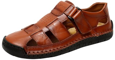 Sandales Homme Cuir à Bout Protégé - Chaussures Ete Ajourées avec Coutures Visibles, Nu-Pieds de Plage à Bride Arrière et Semelle Crantée, Mocassins Ouverts Été Confortable - Extérieur Marche Loisirs