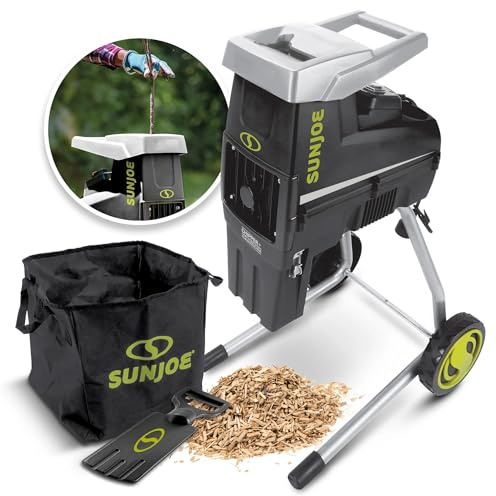 Sun Joe Corded Wood Chipper Shredder and Waste Shredding Machine with Collection Bag, 1.7-Inch Cutting Diameter, 15-Amp Motor - Portable Electric Equipment for Lawn, Garden, and Yard Care, CJ603E