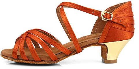 JUODVMP Niñas/Mujer Zapatos de Baile Latino,Estándar Salsa Tango Samba Performance Satín Zapatos de Baile,Modelo ES-WX-608-4.5cm-G,marrón,37 EU