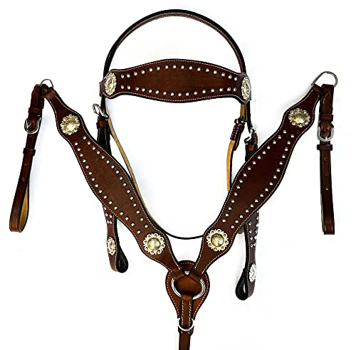 Hulara Top Grain Cuir Buff Ouest Bridon et Plastron Set Têtière et Plastron Ouest Tack Set Collier de Poitrine de Cheval Ouest Bridon Set Têtière et Plastron de Cheval(Conchos argentés Bruns)
