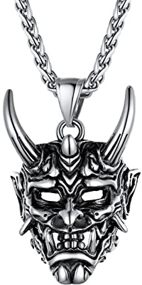 U7 Colgante Cabeza Oni Diablo Máscara Acero Inoxidable 316L de Hombres Collar Hip Hop Regalo Punk de Halloween Tono Plateado Joyerías de Moda para Jovenes
